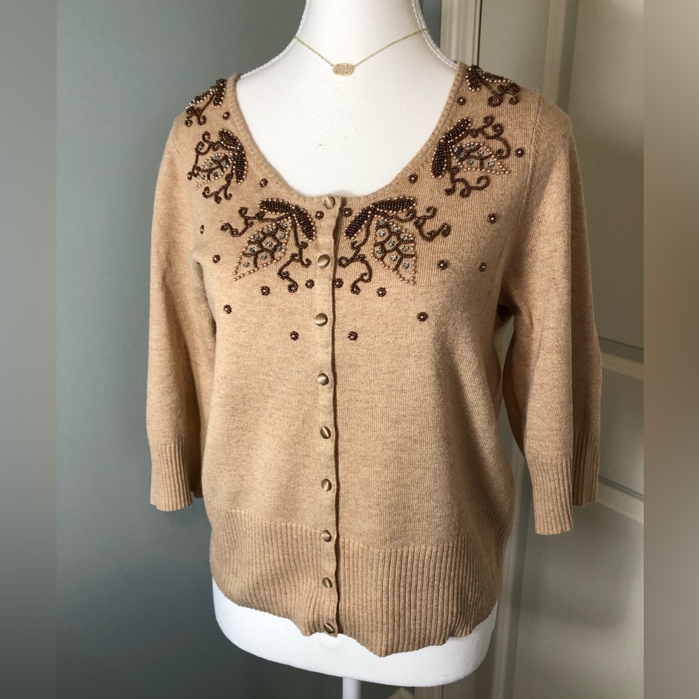 Sigrid Olsen Beaded Silk Cashmere 3/4 Length Sleeve Cardigan. Medium